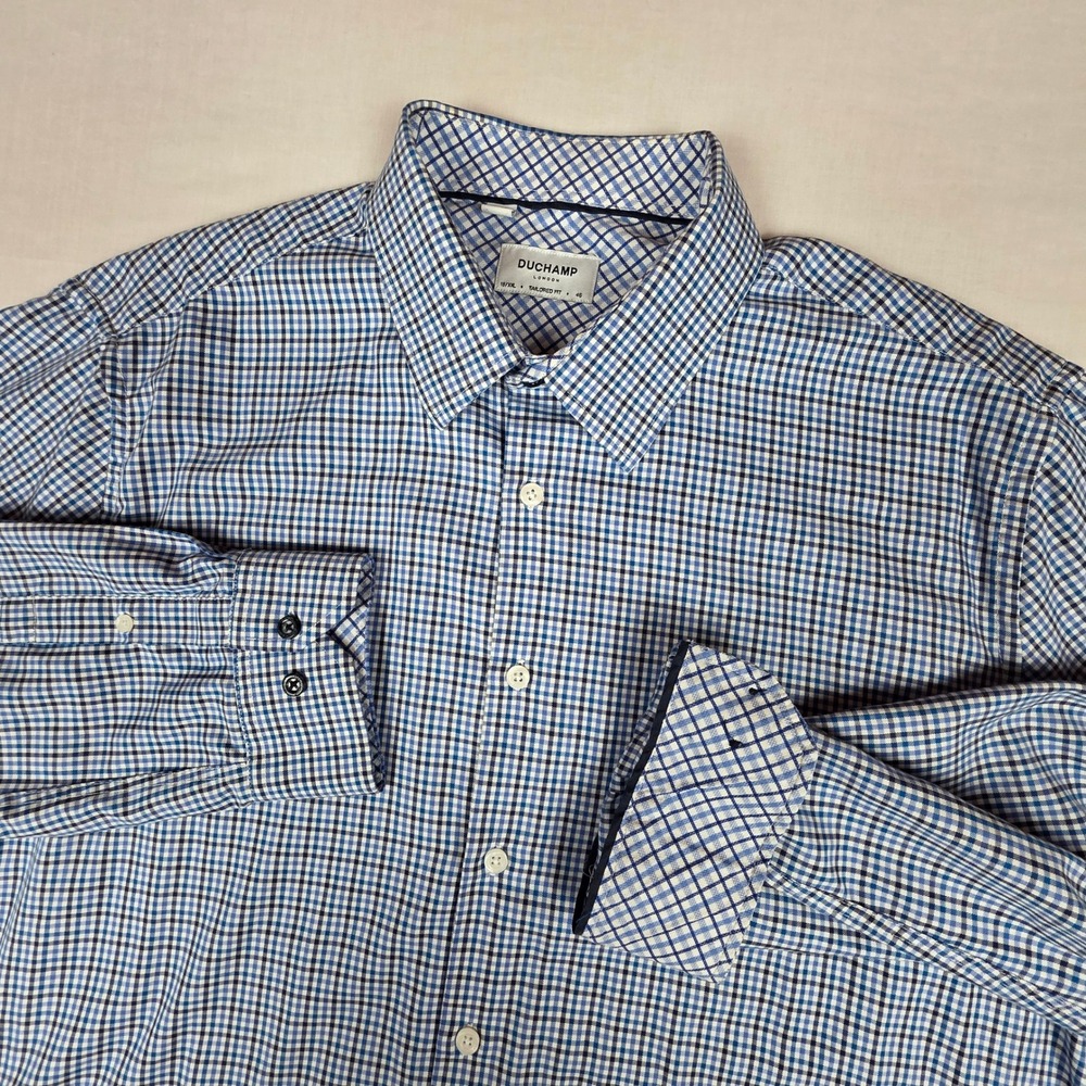 Duchamp London Tailored Fit Button Down Shirt Mens XXL Blue Gingham Cotton